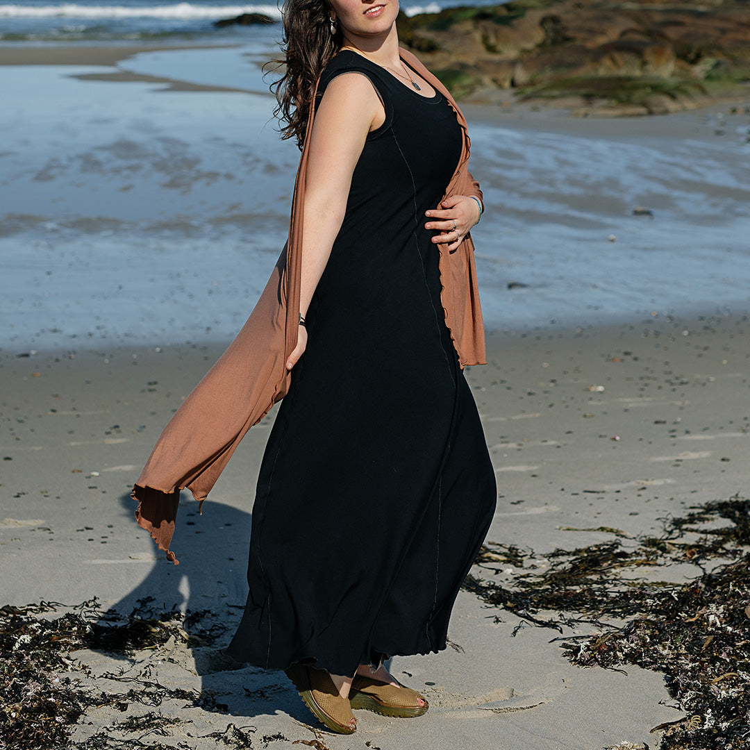 glow gown in black worn with shawl in cedar