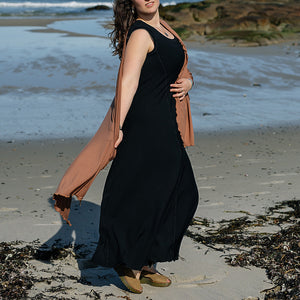 glow gown in black worn with shawl in cedar