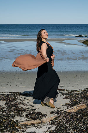 glow gown in black worn with shawl in cedar