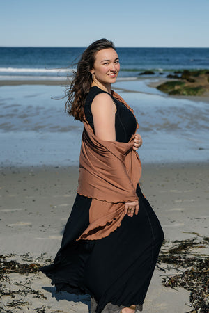 glow gown in black worn with shawl in cedar