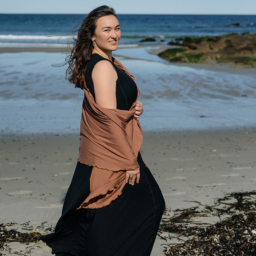 glow gown in black worn with shawl in cedar