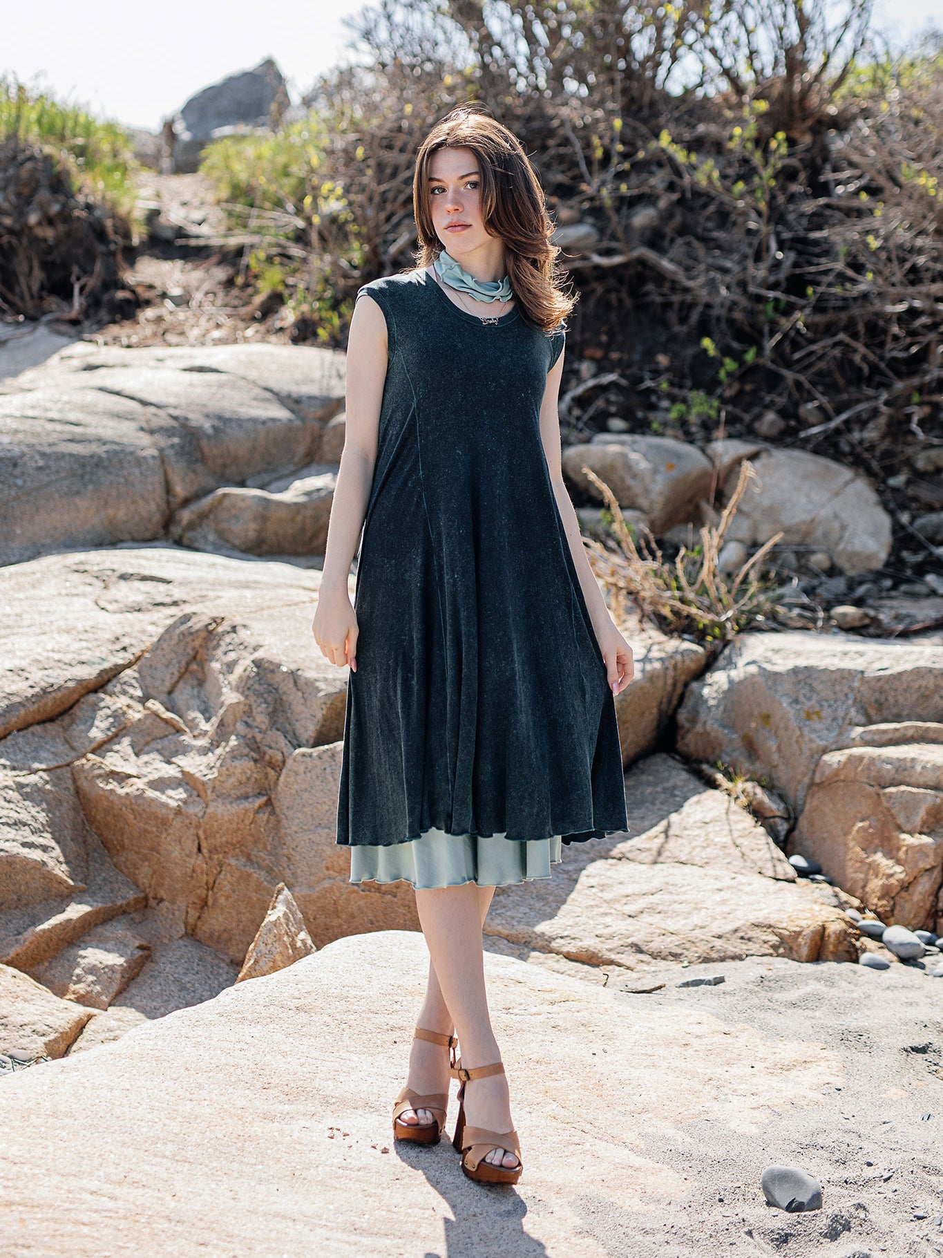 glow dress in blue mineral layered over glass flirt as a skirt