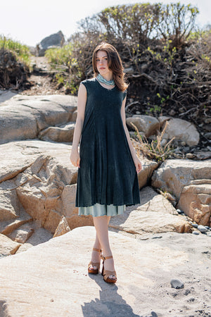 glow dress in blue mineral layered over glass flirt as a skirt