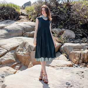 glow dress in blue mineral layered over glass flirt as a skirt