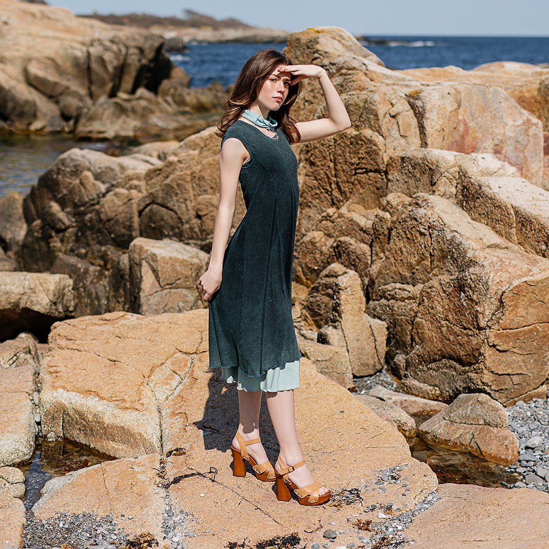 glow dress in blue mineral layered over glass flirt as a skirt