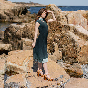 glow dress in blue mineral layered over glass flirt as a skirt