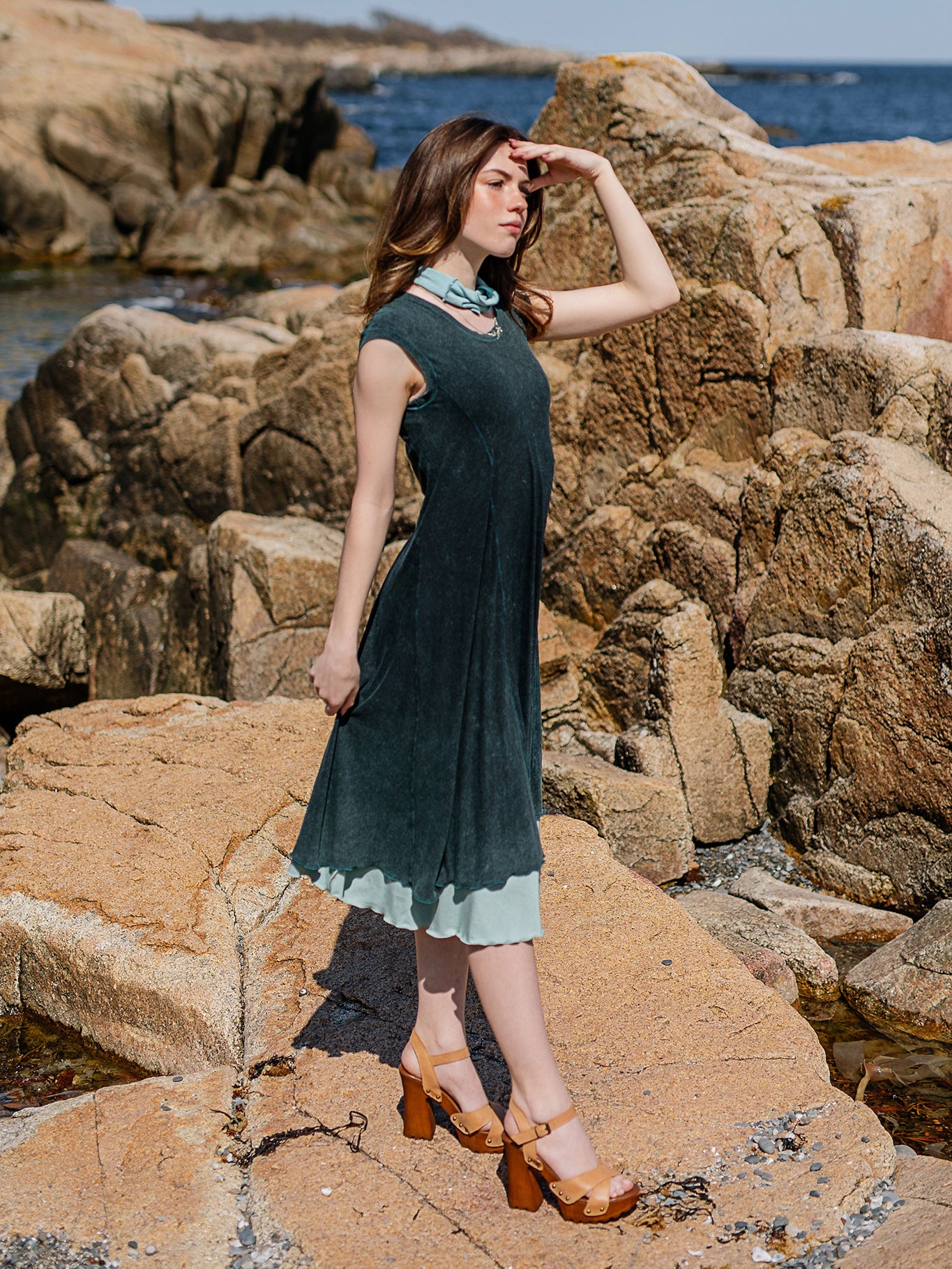 glow dress in blue mineral layered over glass flirt as a skirt