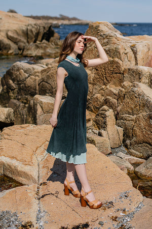 glow dress in blue mineral layered over glass flirt as a skirt