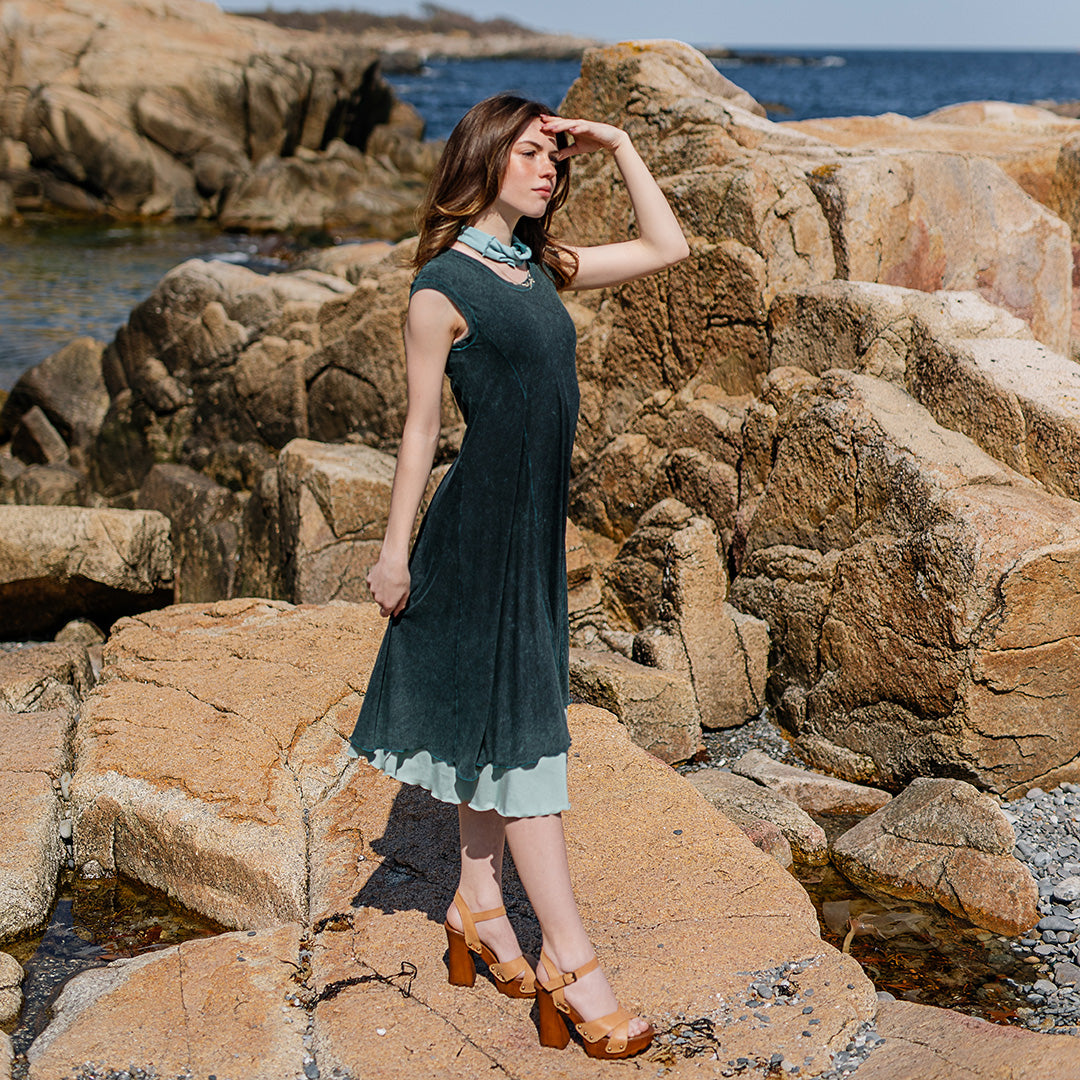 glow dress in blue mineral layered over glass flirt as a skirt