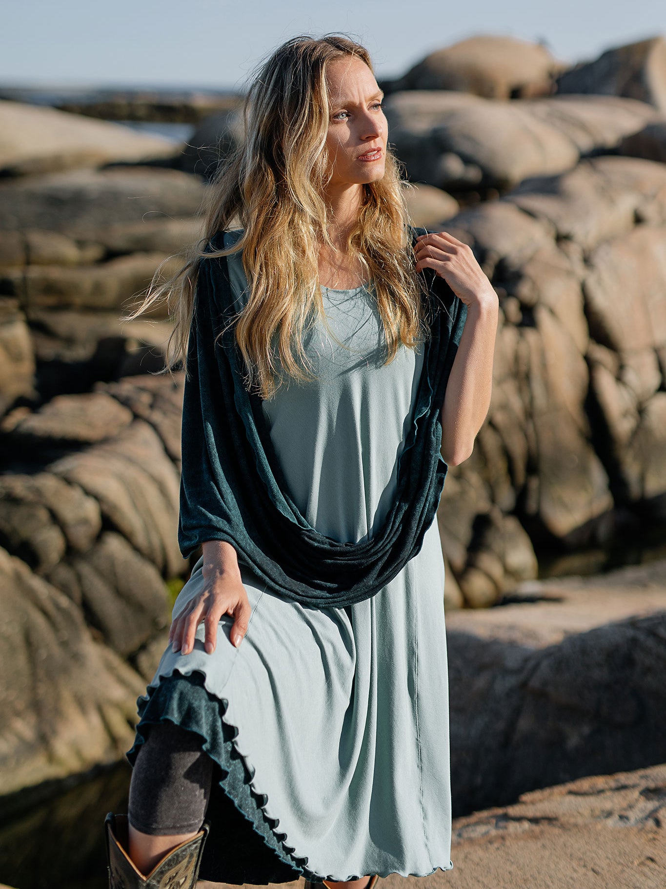 glow dress in glass layered over blue mineral flirt as a skirt paired with blue mineral loop