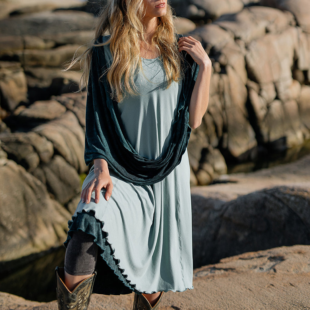 glow dress in glass layered over blue mineral flirt as a skirt paired with blue mineral loop