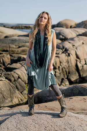 glow dress in glass layered over blue mineral flirt as a skirt paired with blue mineral loop