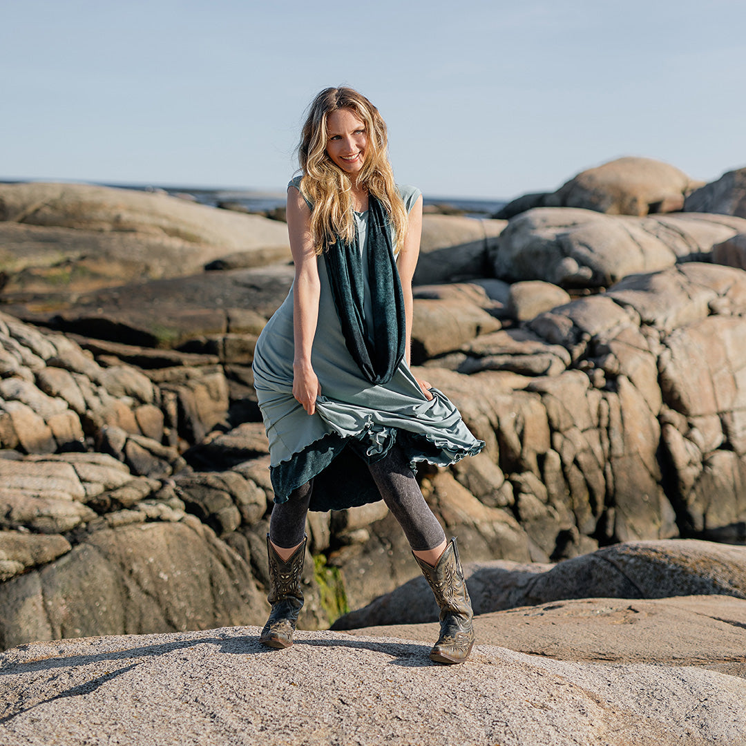 glow dress in glass layered over blue mineral flirt as a skirt paired with blue mineral loop