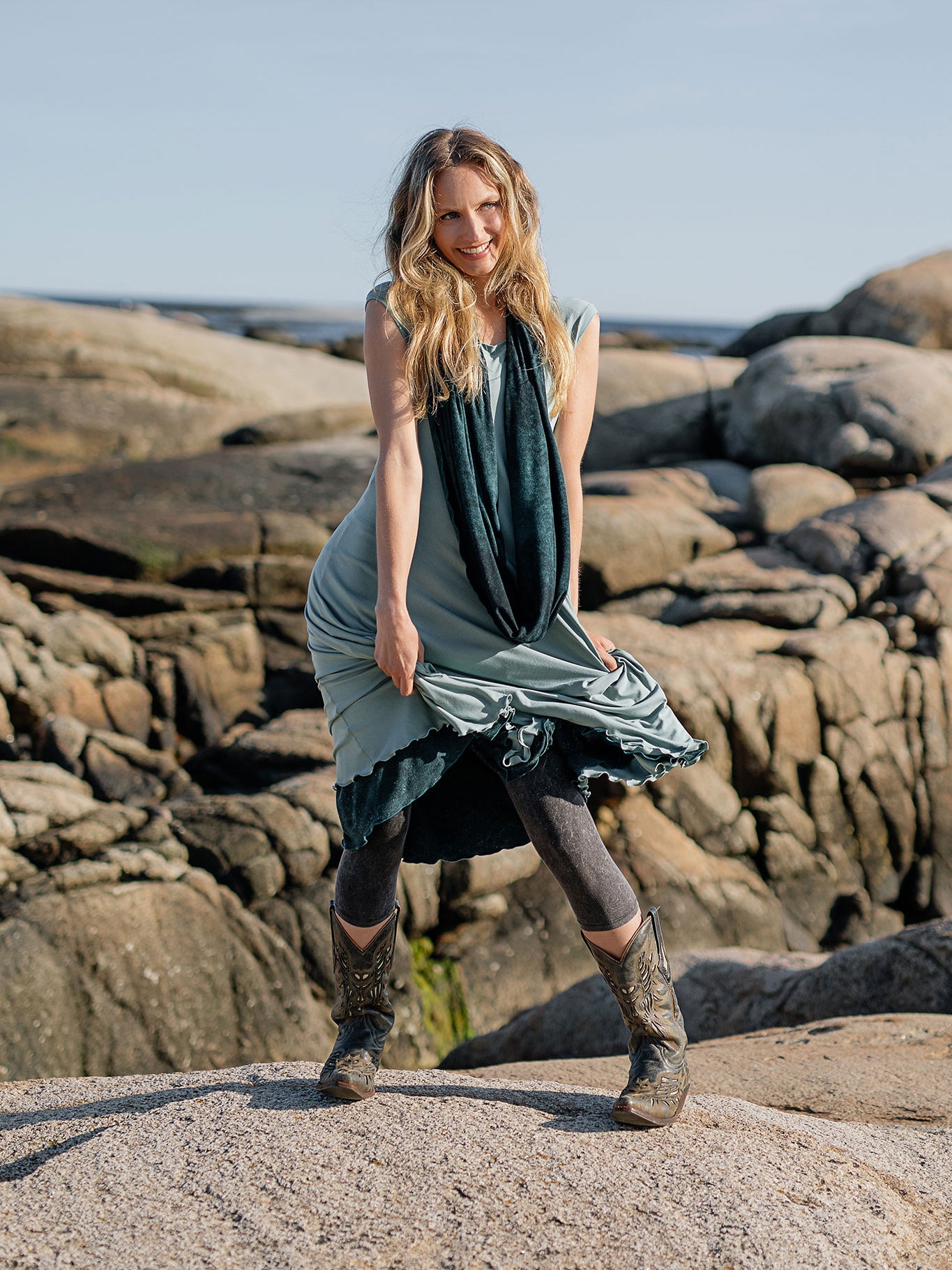 glow dress in glass layered over blue mineral flirt as a skirt paired with blue mineral loop