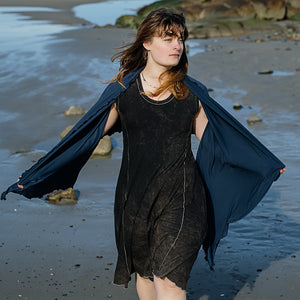 glow dress in mineral with shawl in navy