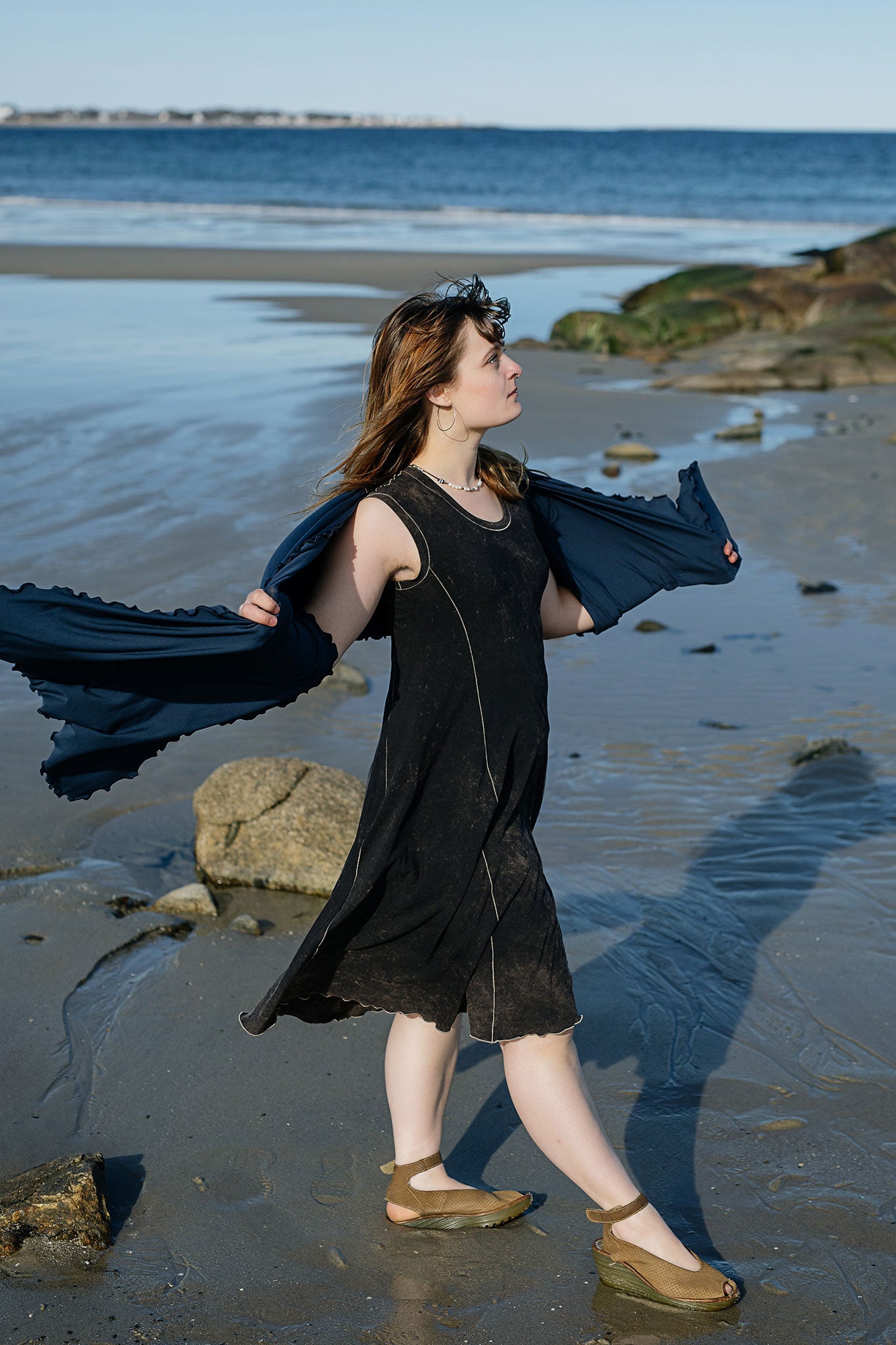 glow dress in mineral worn with shawl in navy