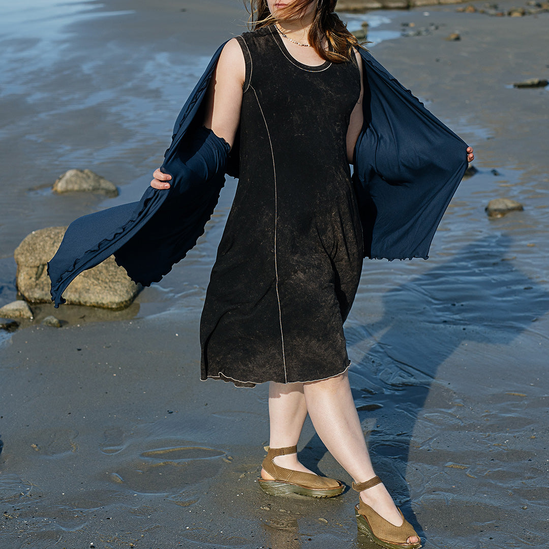 glow dress in mineral with shawl in navy