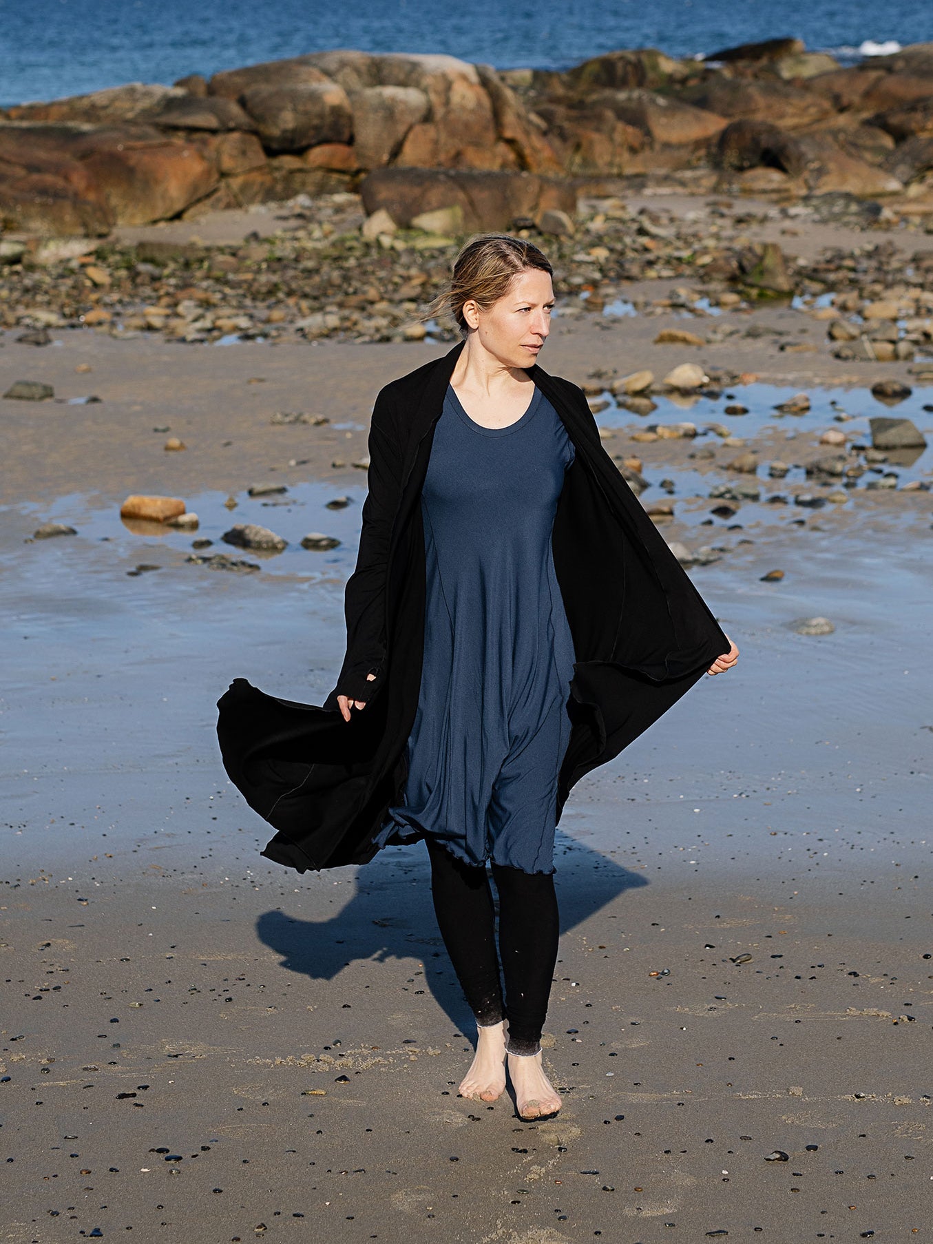 glow dress in navy with garden coat in black