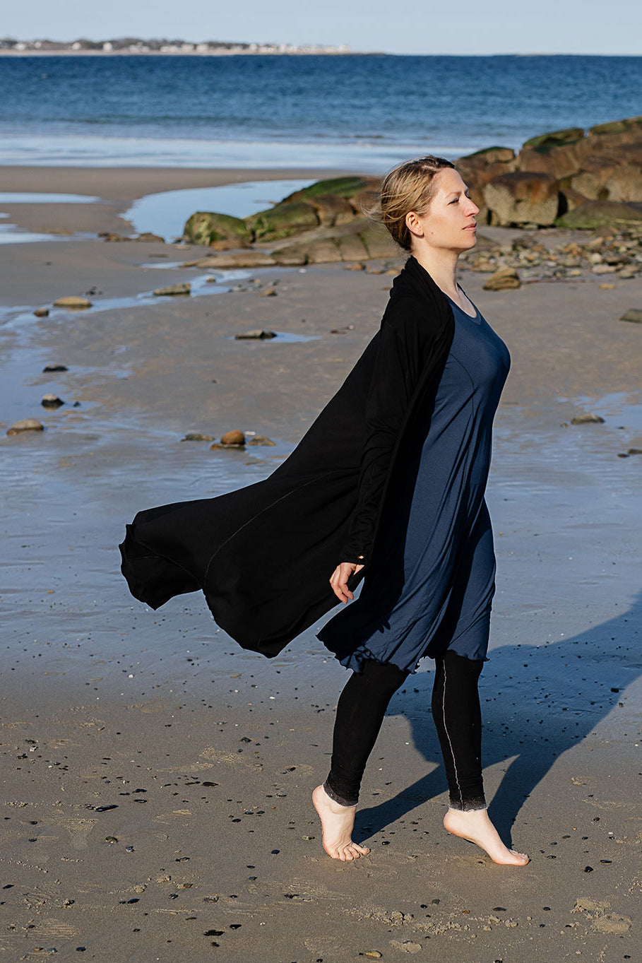 suger® garden coat tissue duster jacket in navy paired with black coat