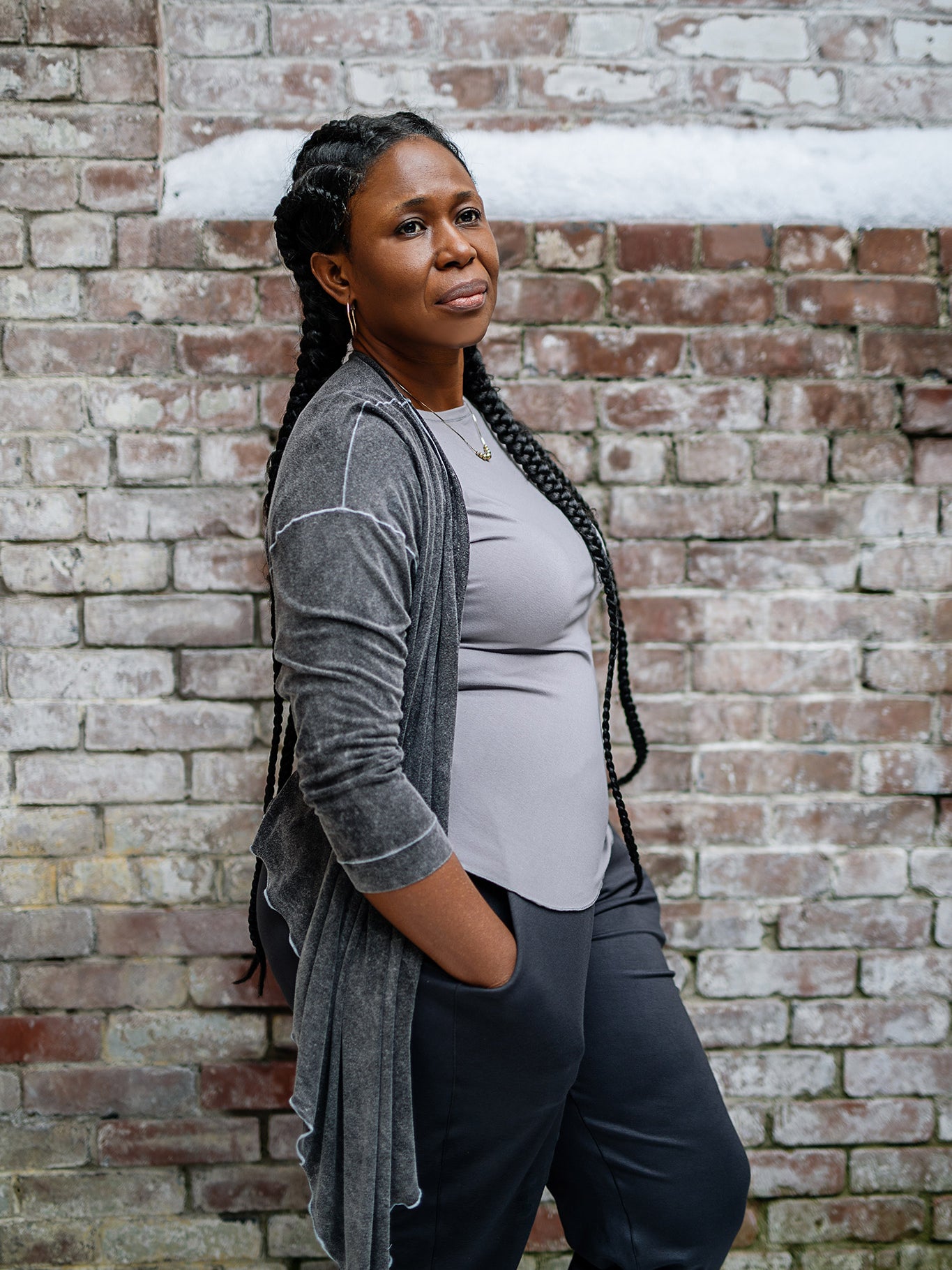 rose bias top in moon with prima jacket in mineral with carbon jogger