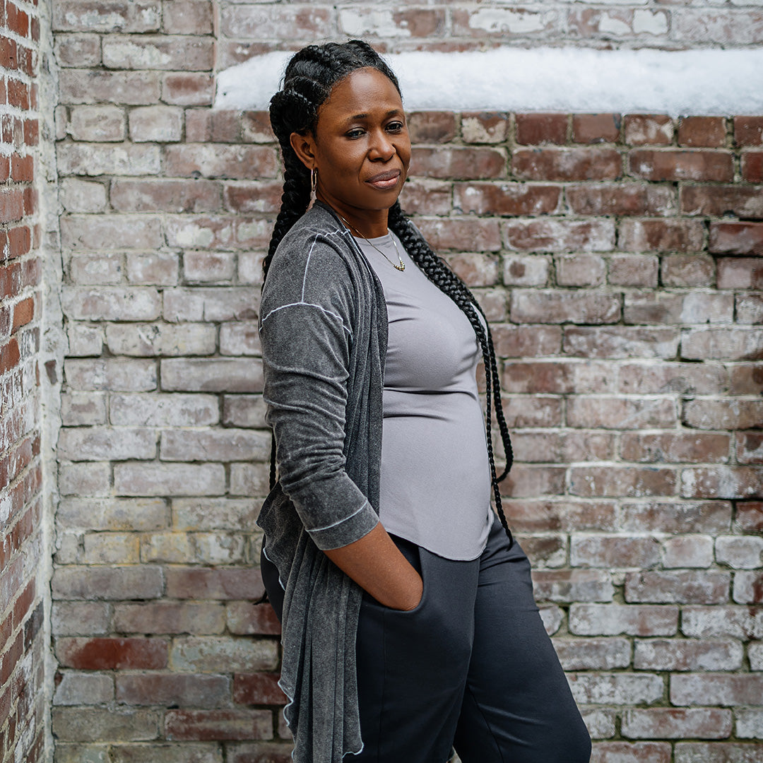 rose bias top in moon with prima jacket in mineral and carbon jogger