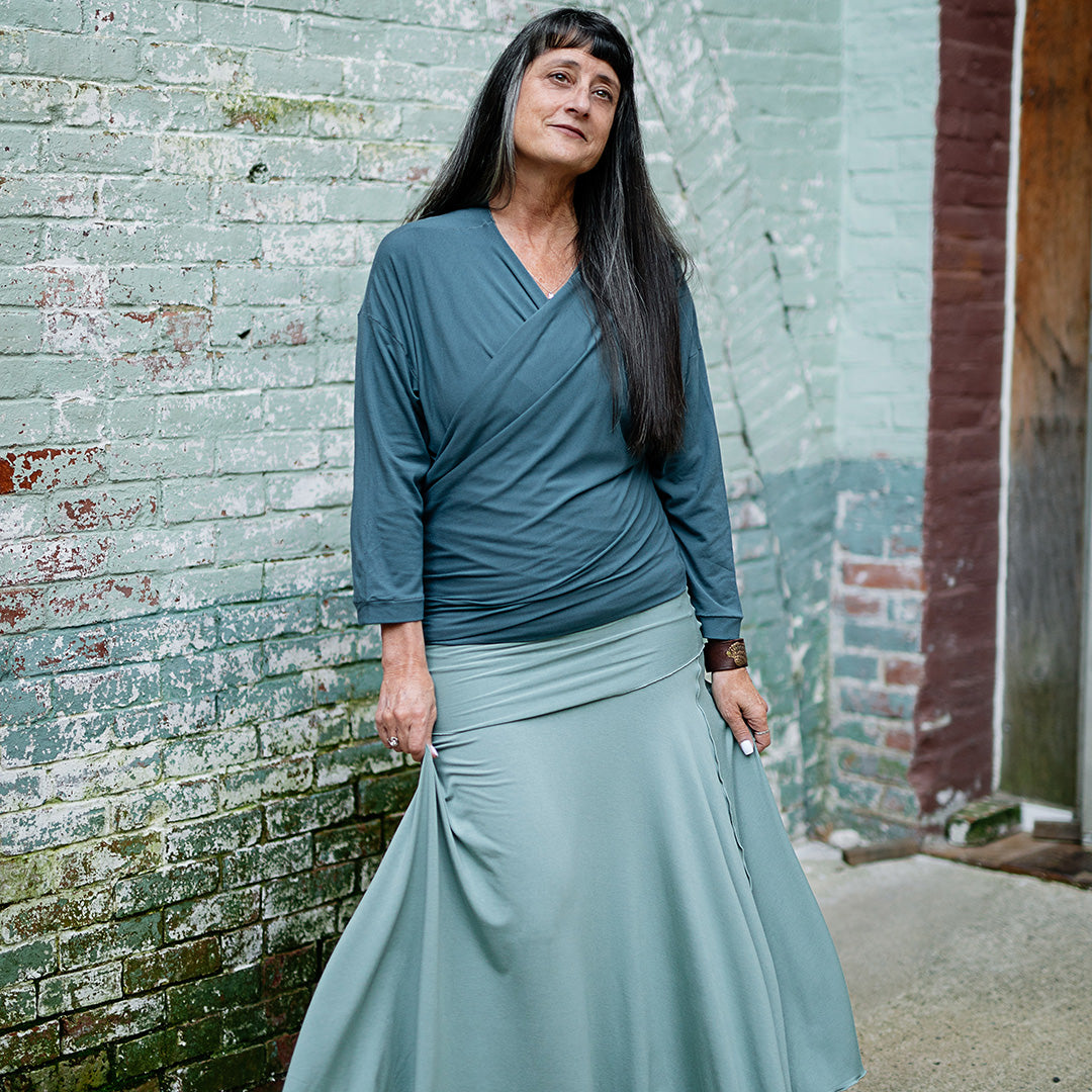 prima wrap jacket in ocean over lady flirt as a skirt in glass