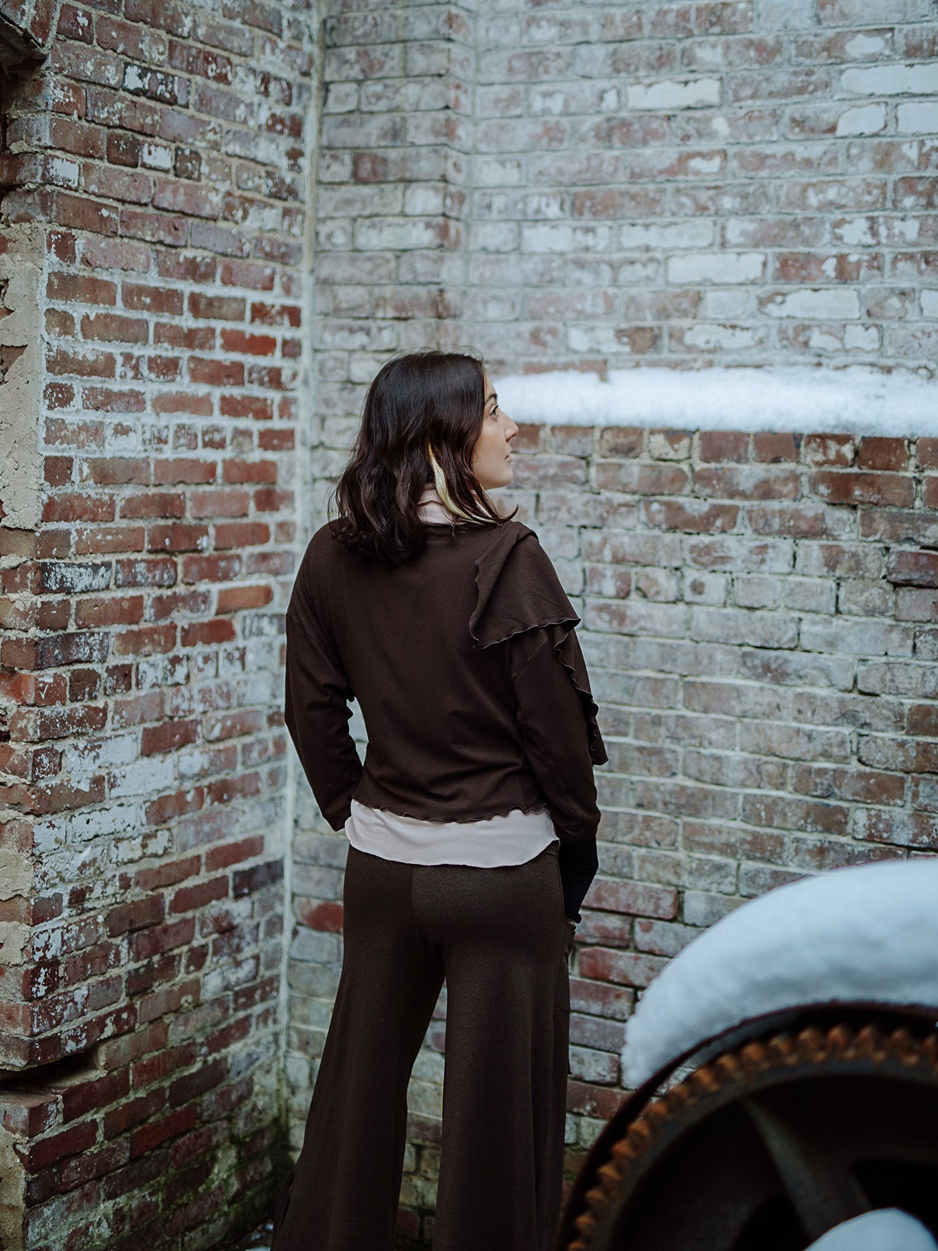 harlow elegant convertible wide leg pant in espresso with peat prima jacket