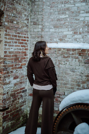 harlow elegant convertible wide leg pant in espresso with peat prima jacket