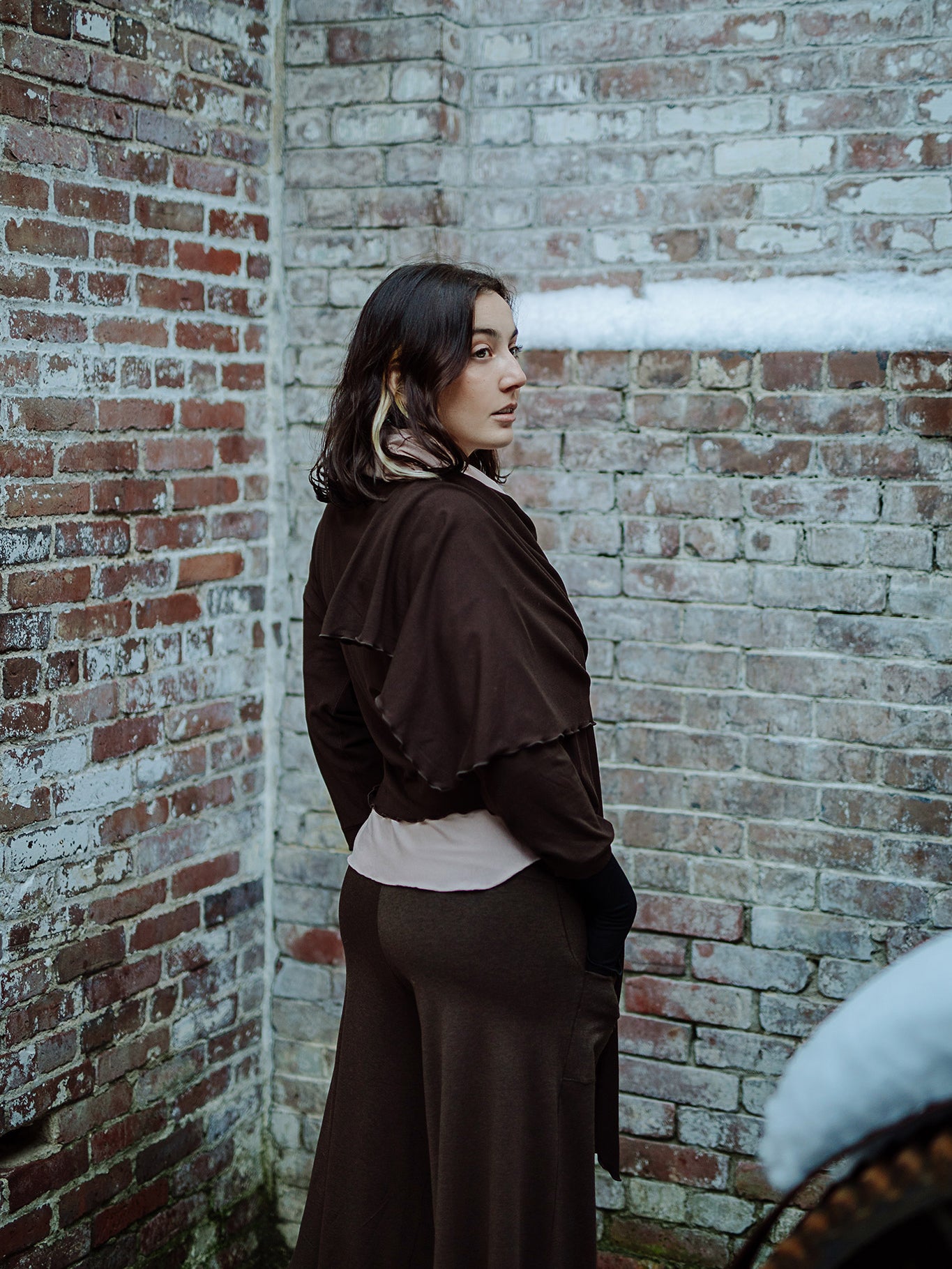 harlow elegant convertible wide leg pant in espresso with prima jacket in peat