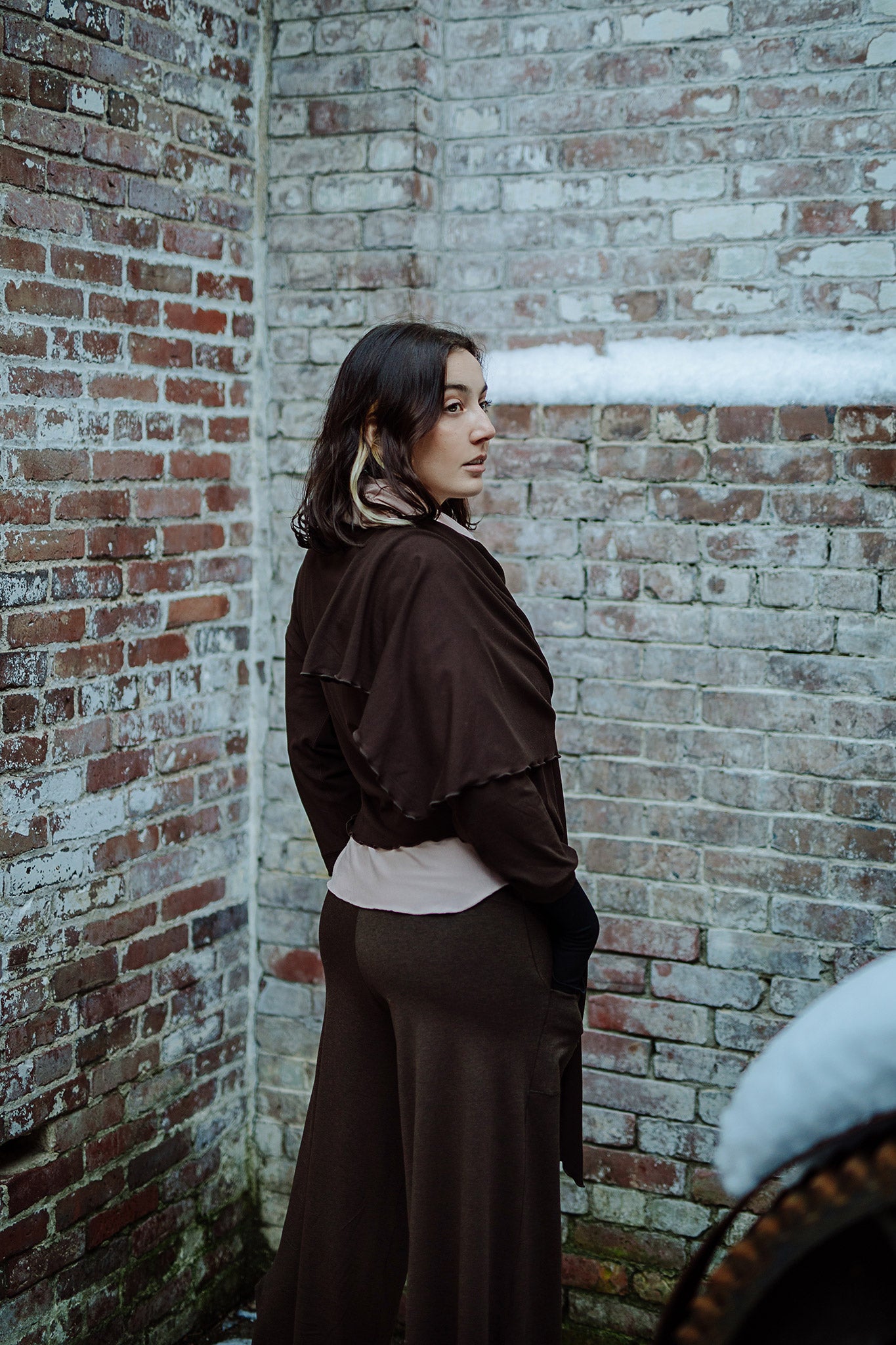 harlow elegant convertible wide leg pant in espresso with prima jacket in peat