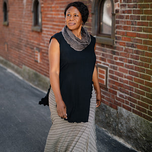 loop infinity scarf in mineral styled with black doublet + earth stripe lady flirt