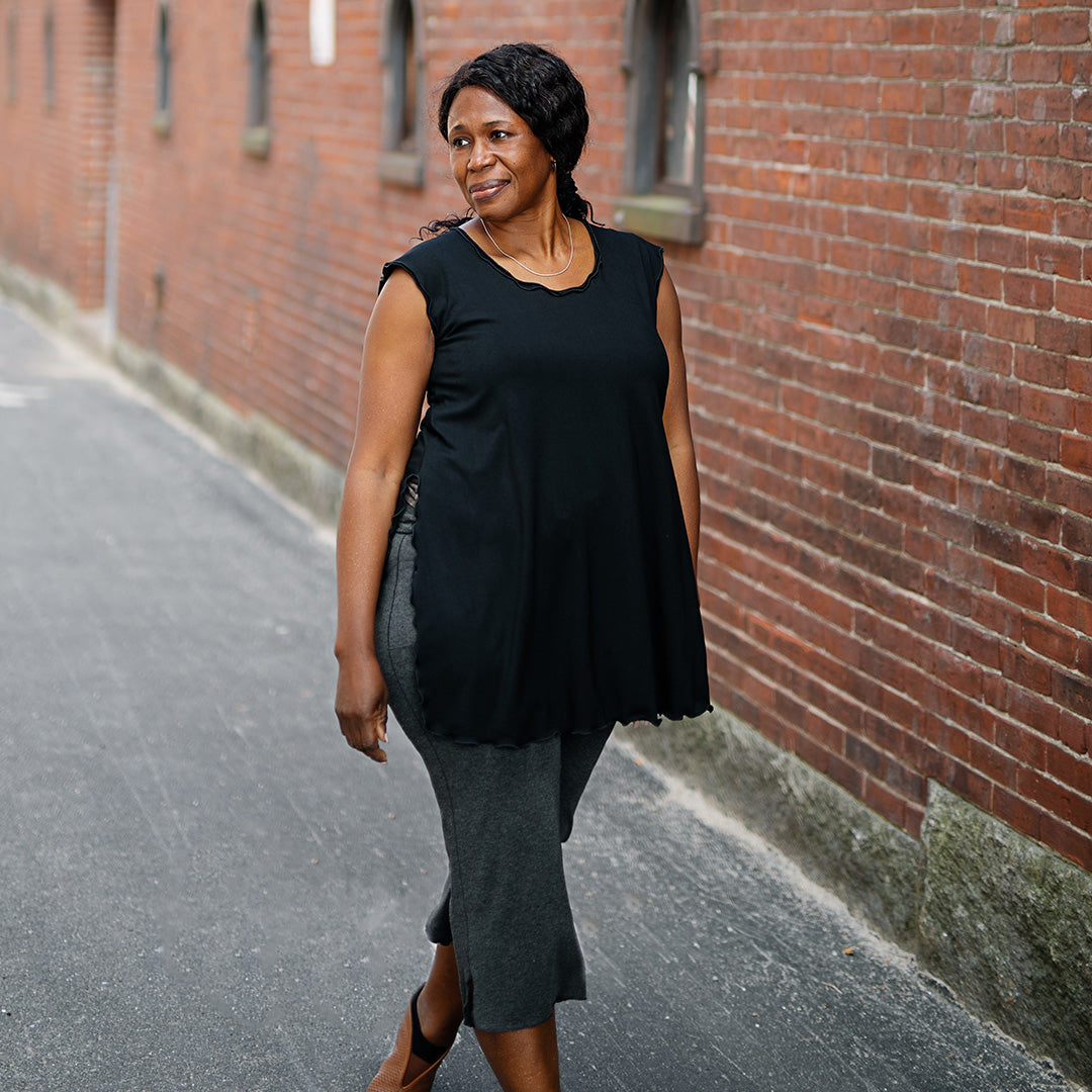 doublet layer top in black paired with kick pant in charcoal