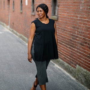 doublet layer top in black paired with kick pant in charcoal