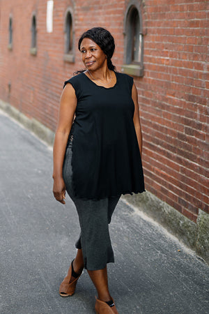 doublet layer top in black paired with kick pant in charcoal