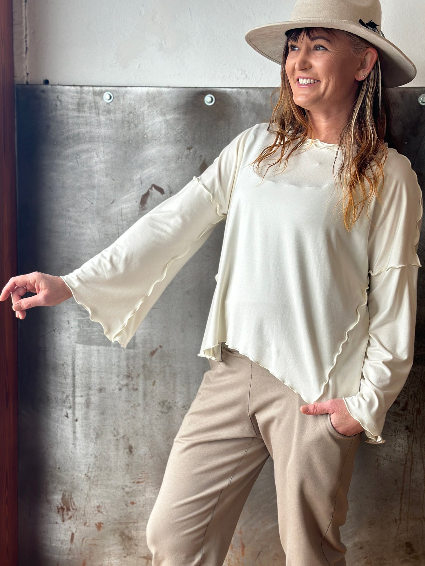 suger® jogger sweat pant in clay styled with milk truly