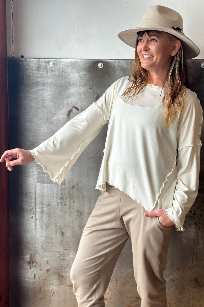 suger® jogger sweat pant in clay styled with milk truly