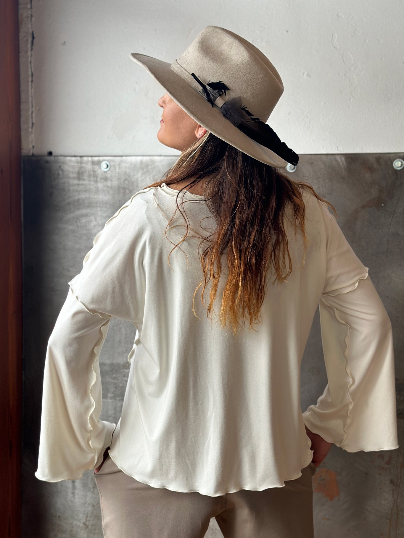 angelrox® truly in milk worn with clay joggers