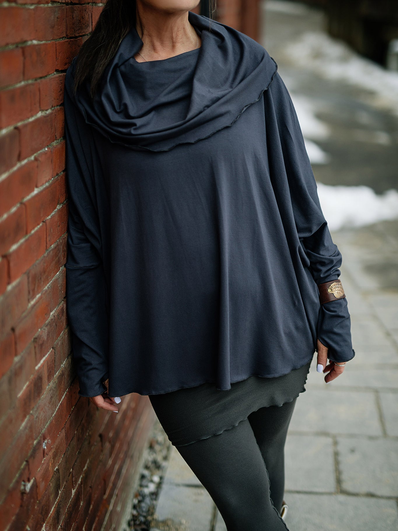 mountain cowl neck tunic in carbon with playsuit in ore