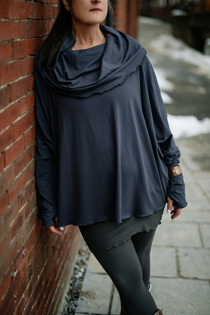 mountain cowl neck tunic in carbon with playsuit in ore