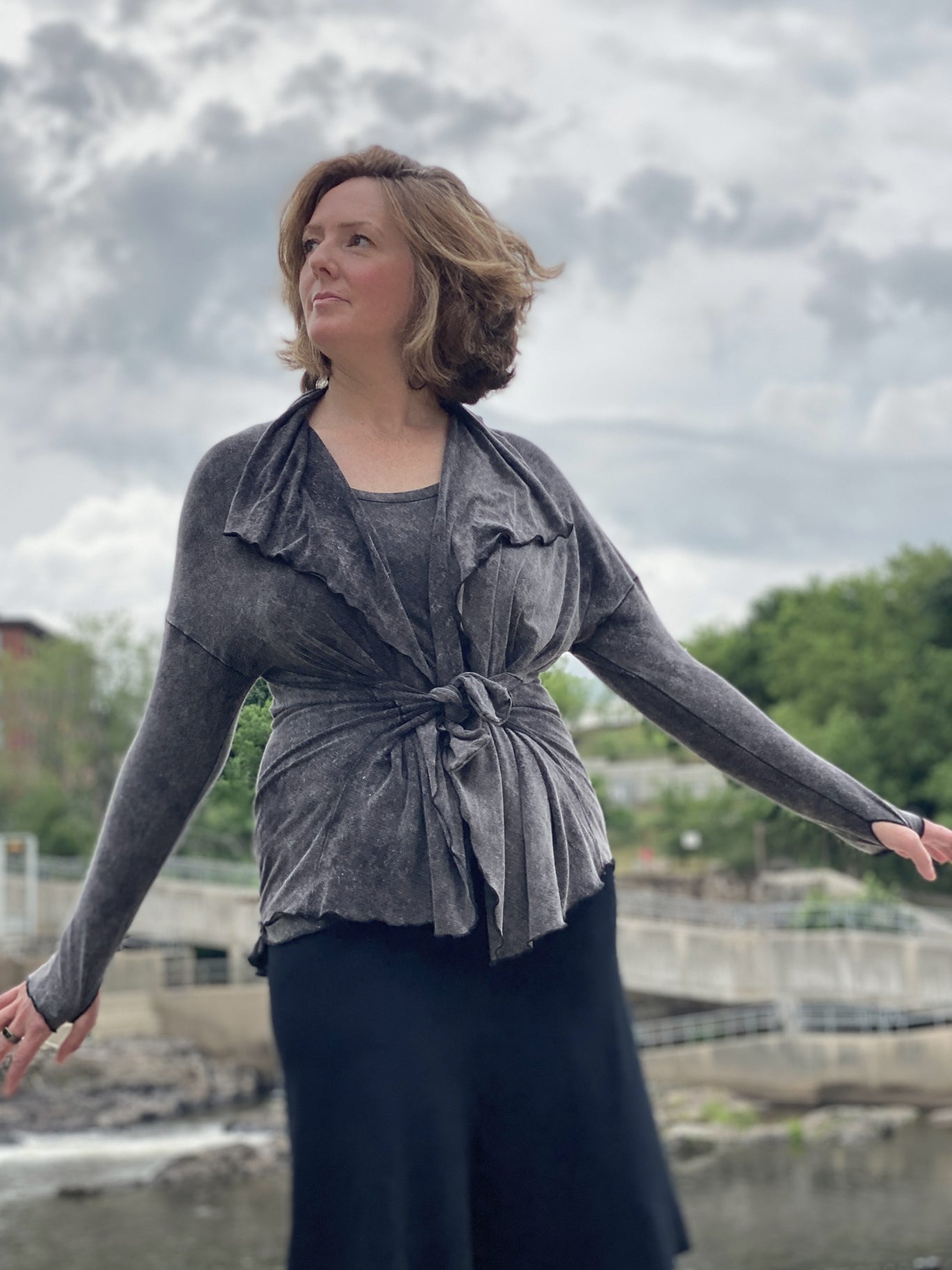 suger® flip skirt in black paired with cool mineral river 