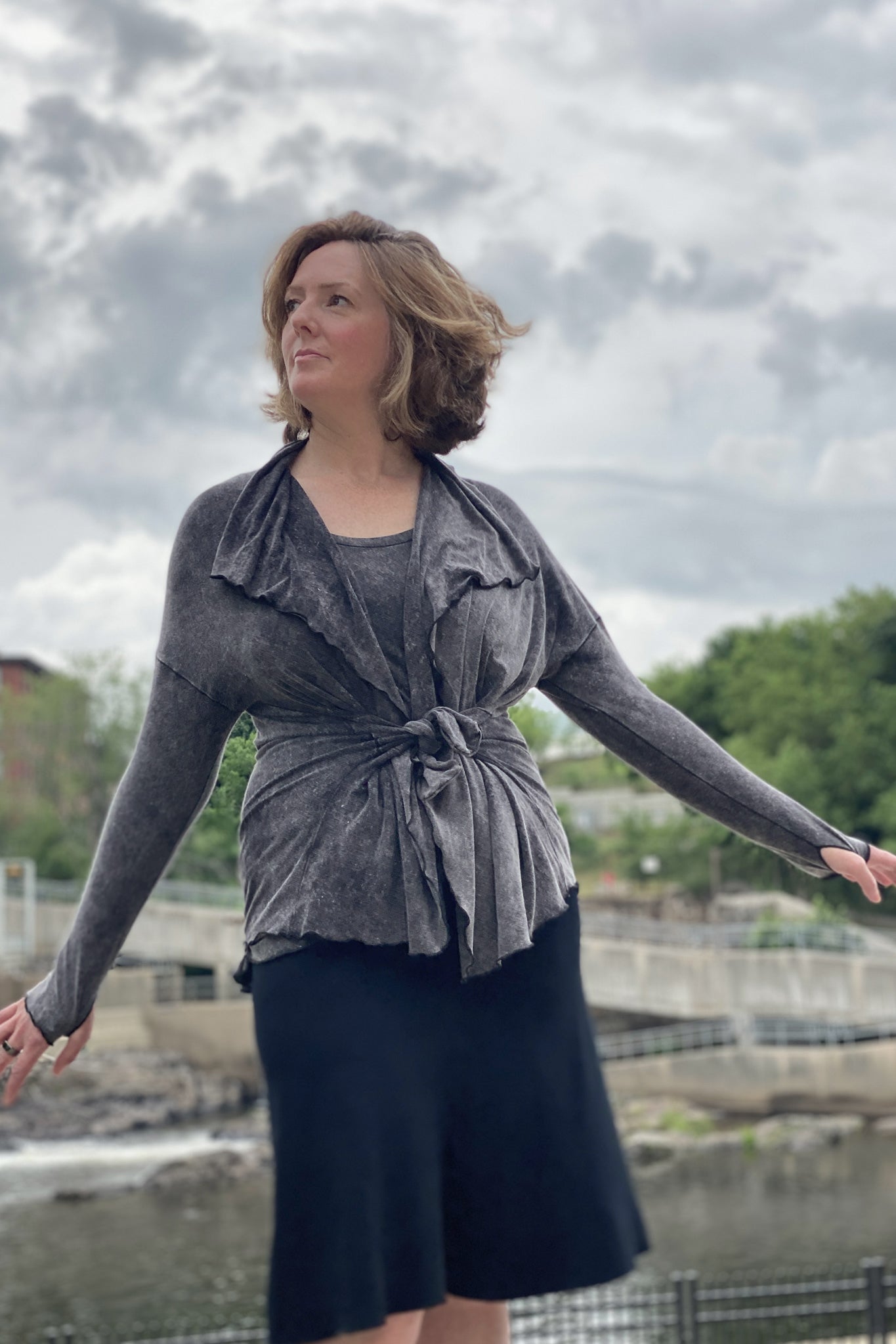 suger® flip skirt in black paired with cool mineral river 