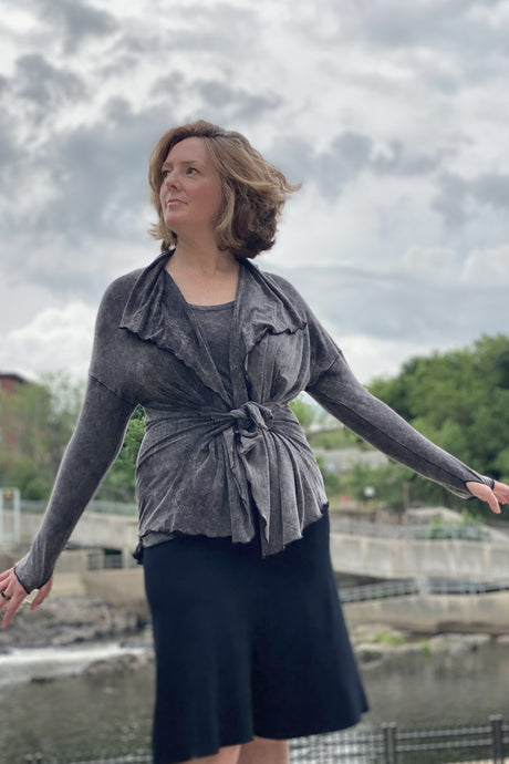 suger® flip skirt in black paired with cool mineral river 