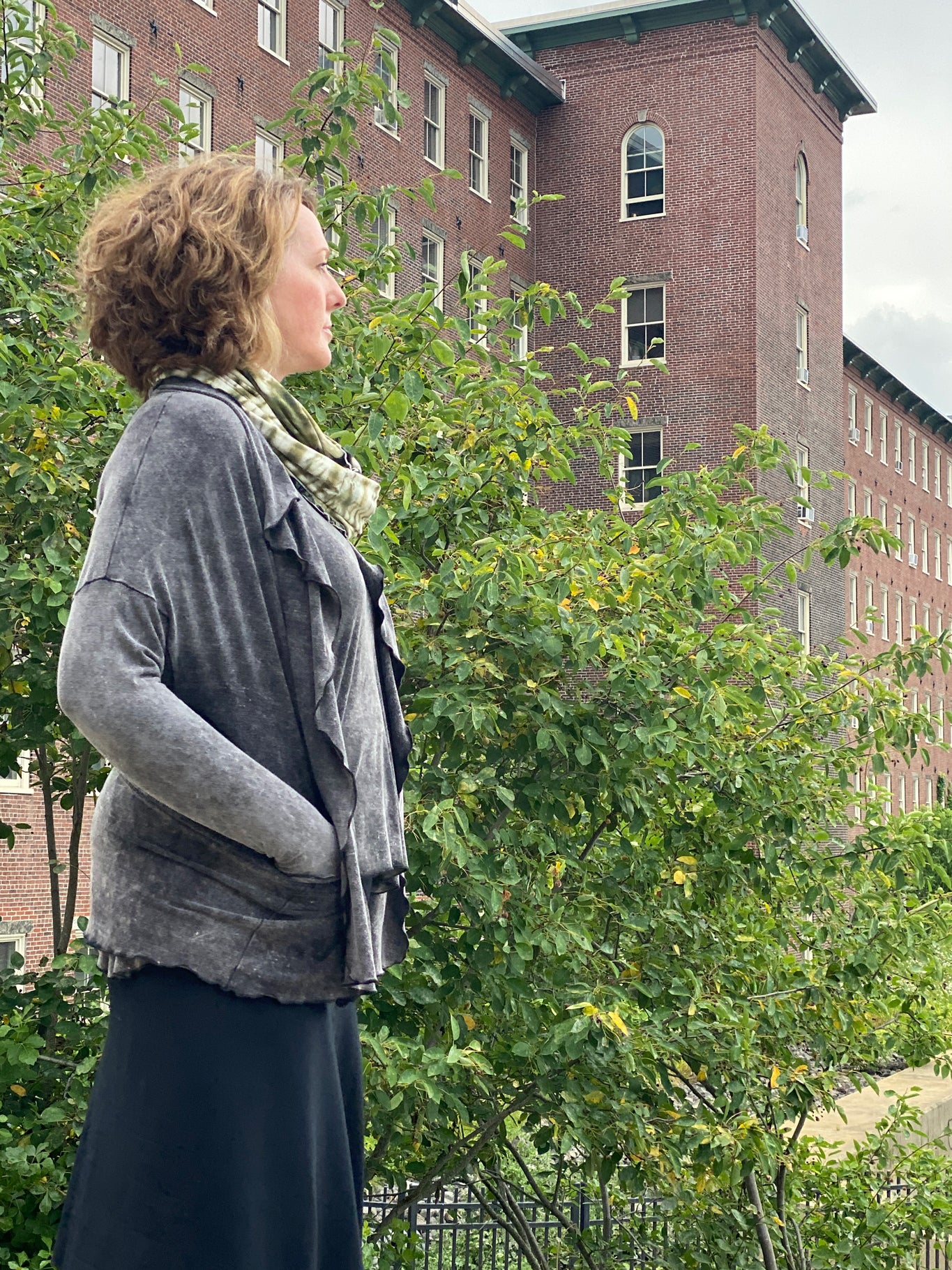 suger® flip skirt in black paired with mineral river + olive handdye loop