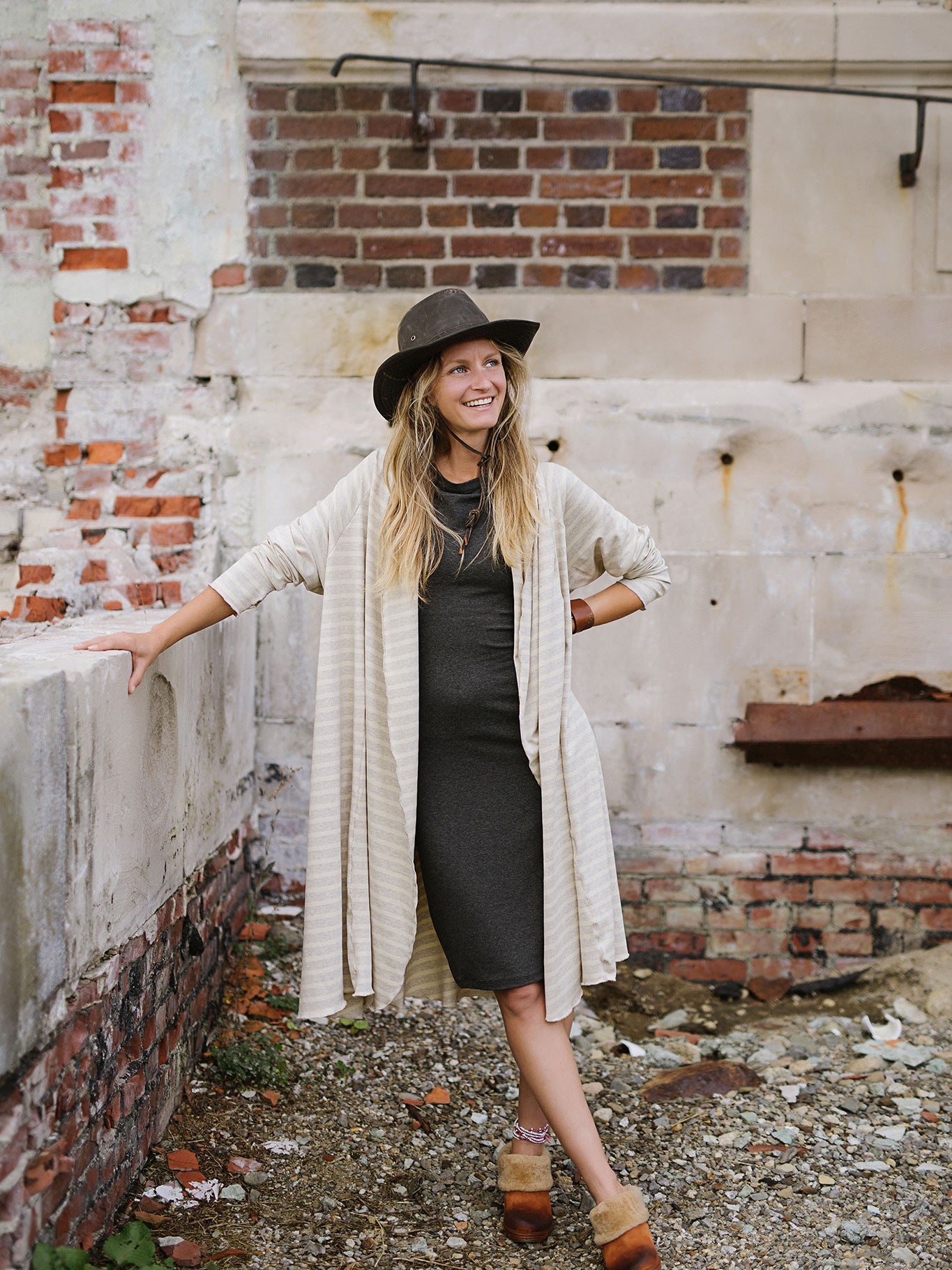 garden coat in dune over sheath dress in charcoal