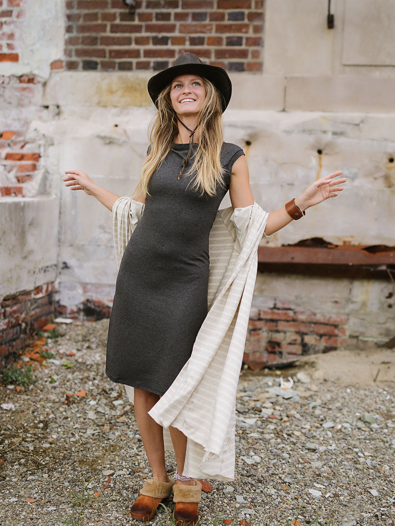 garden coat in dune and sheath dress in charcoal