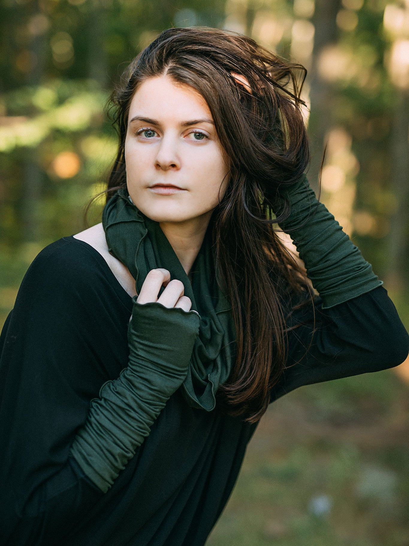 opera sleeves in fir styled with black pop top + fir loop