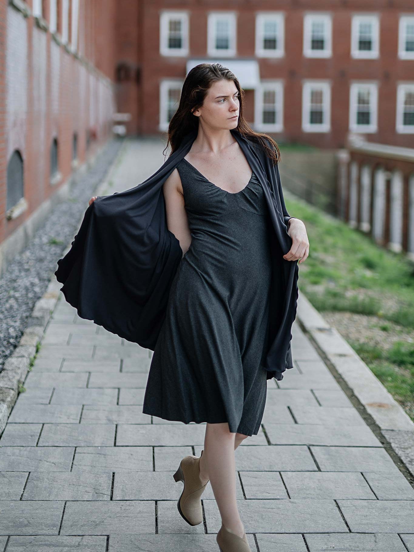 shawl in black over charcoal reversible pushup dress