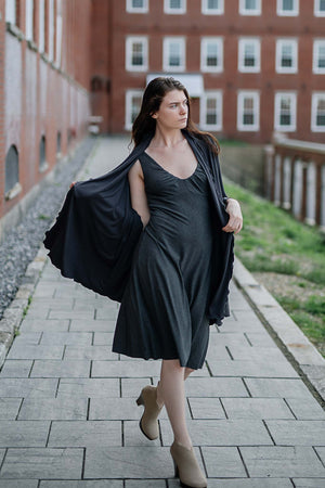 shawl in black over charcoal reversible pushup dress