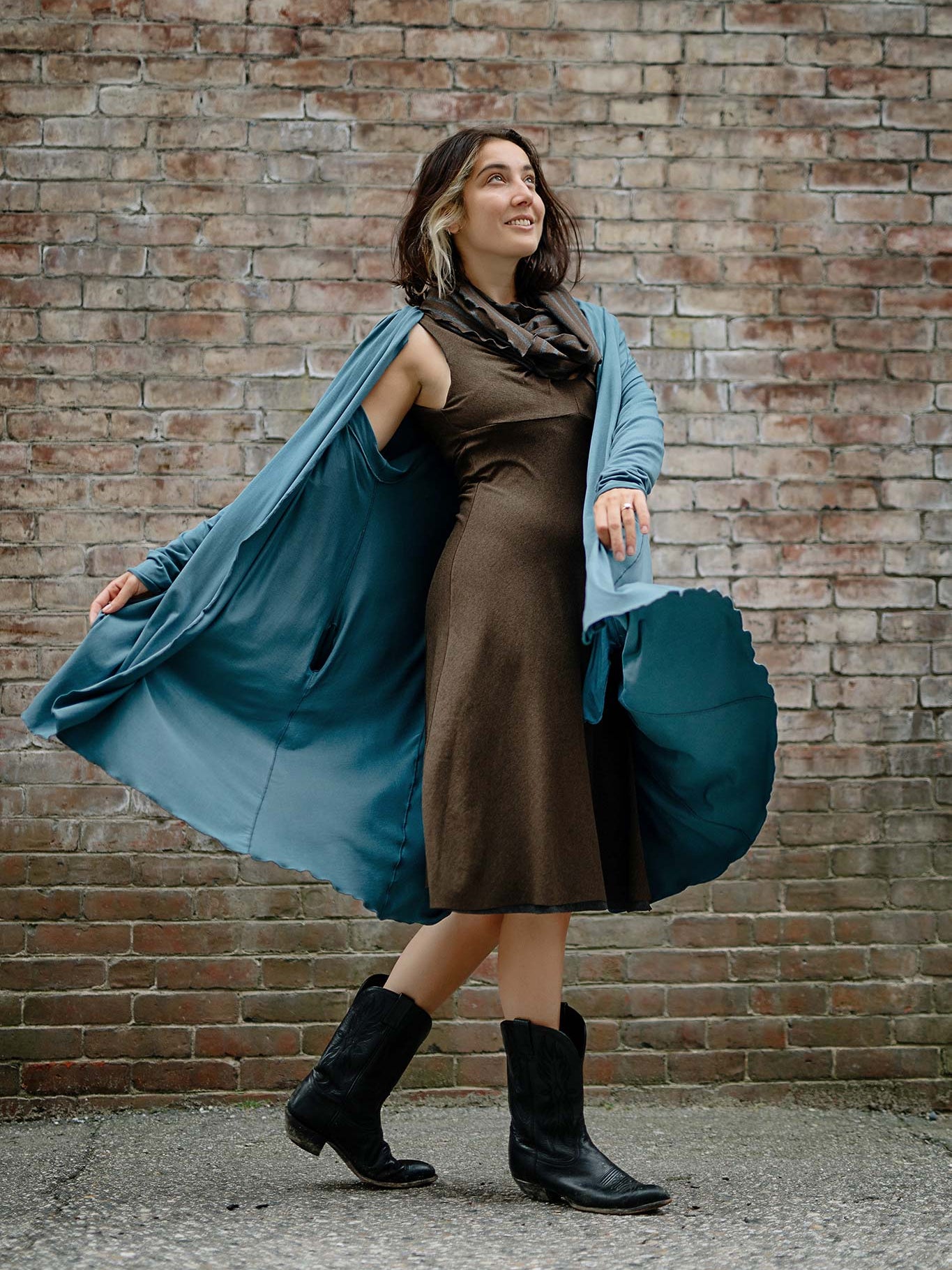 garden coat in ocean over reversible pushup dress in espresso