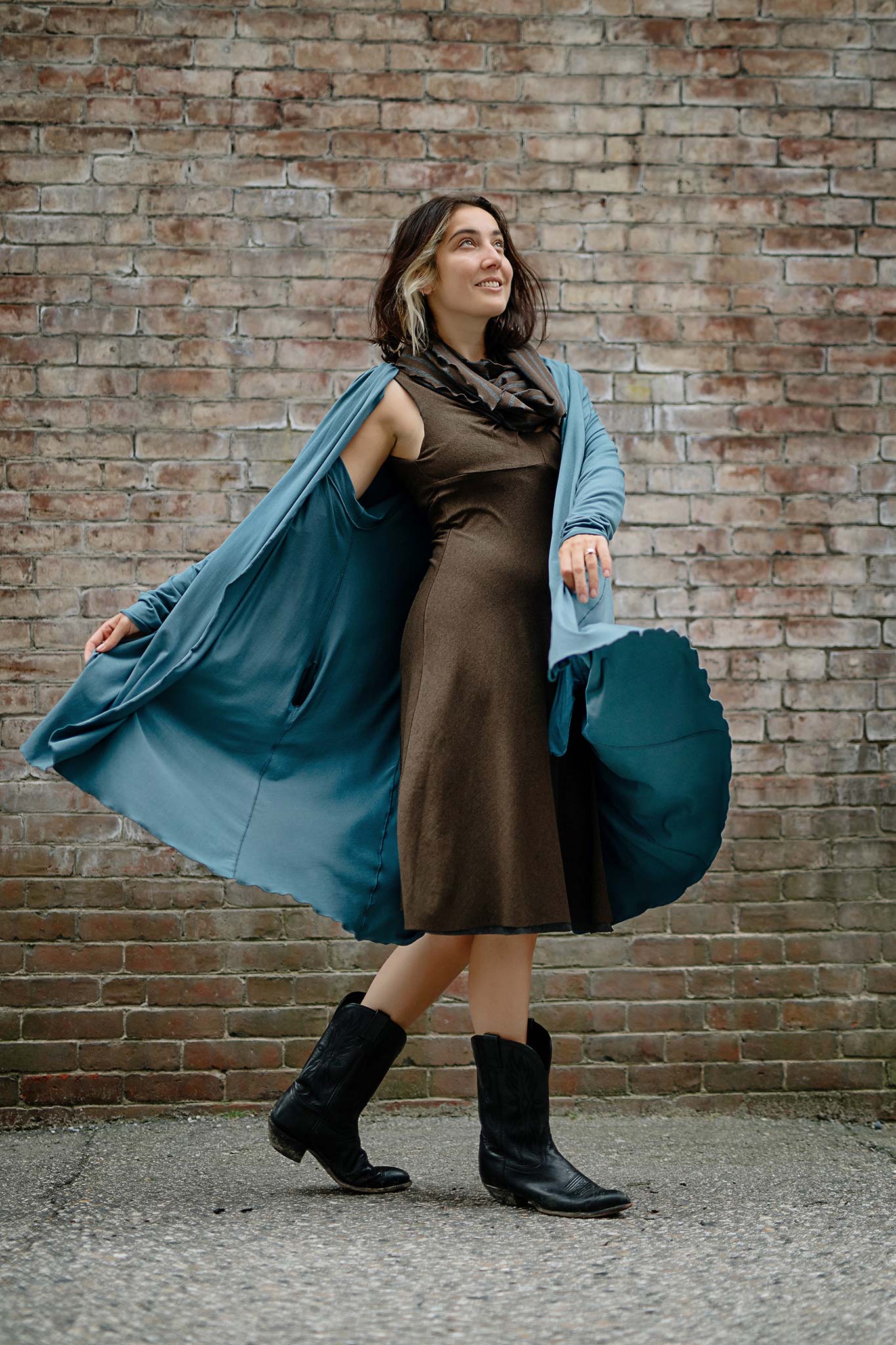 garden coat in ocean over reversible pushup dress in espresso